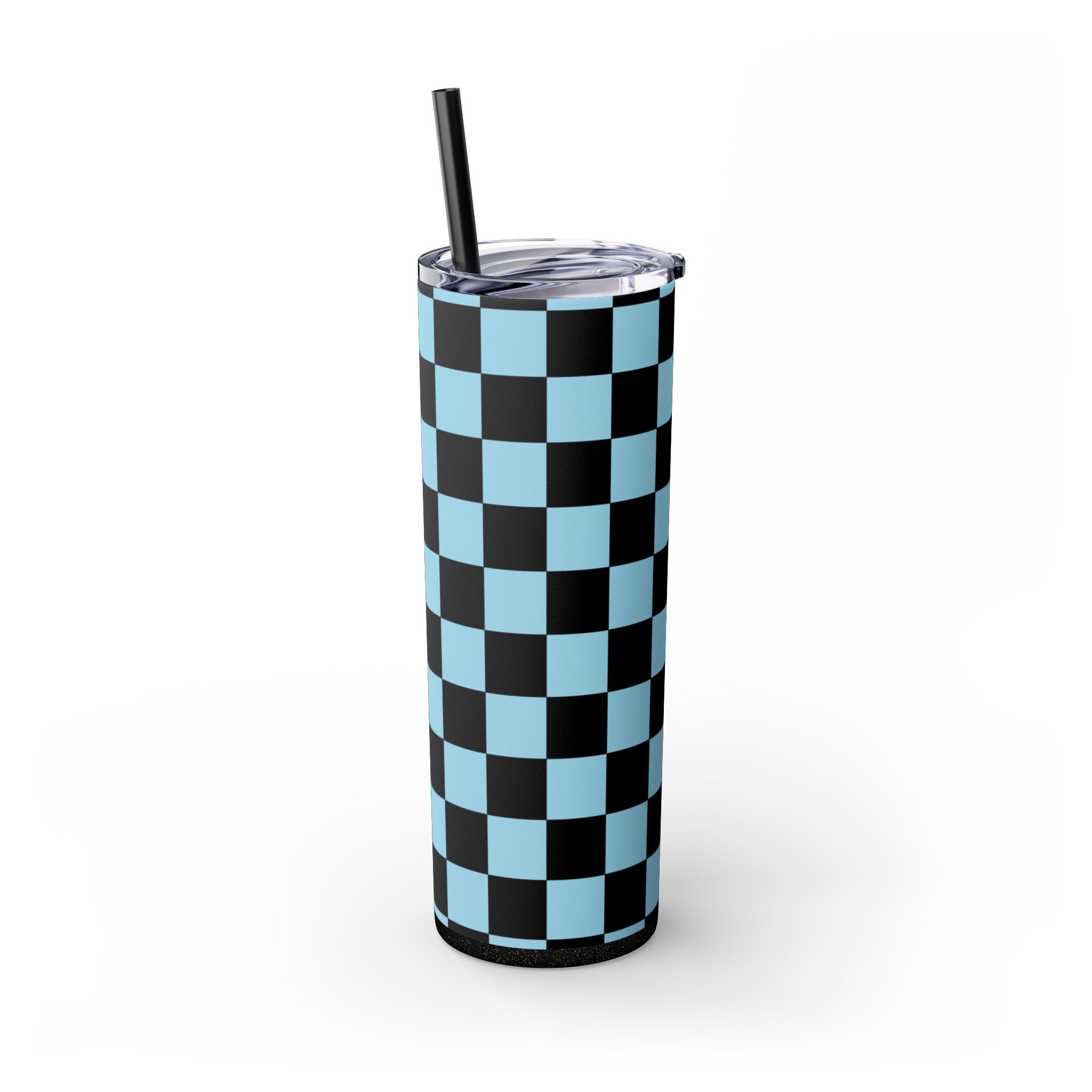 Checkerboard Black and Blue Skinny Tumbler with Straw, 20oz, Artsulli - Art is Long, Life is Short, Mug, , , , , , , 