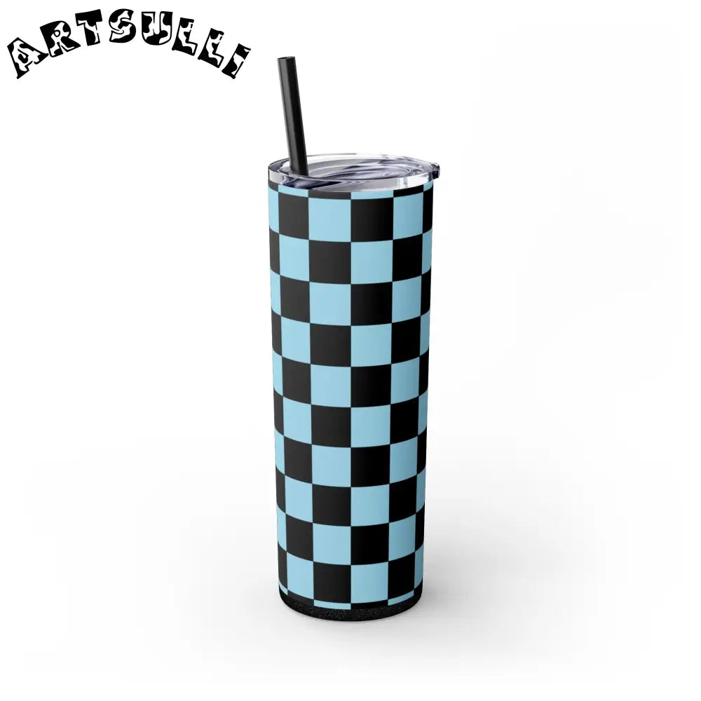 JAKKOUTTHEBXX Checkerboard Black and Blue Skinny Tumbler with Straw
