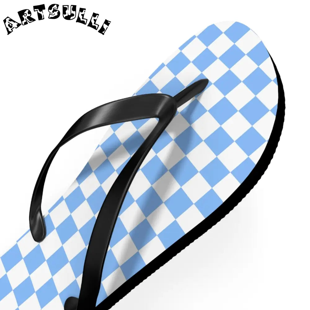 JAKKOUTTHEBXX Checkerboard White and Light Blue Flip Flops