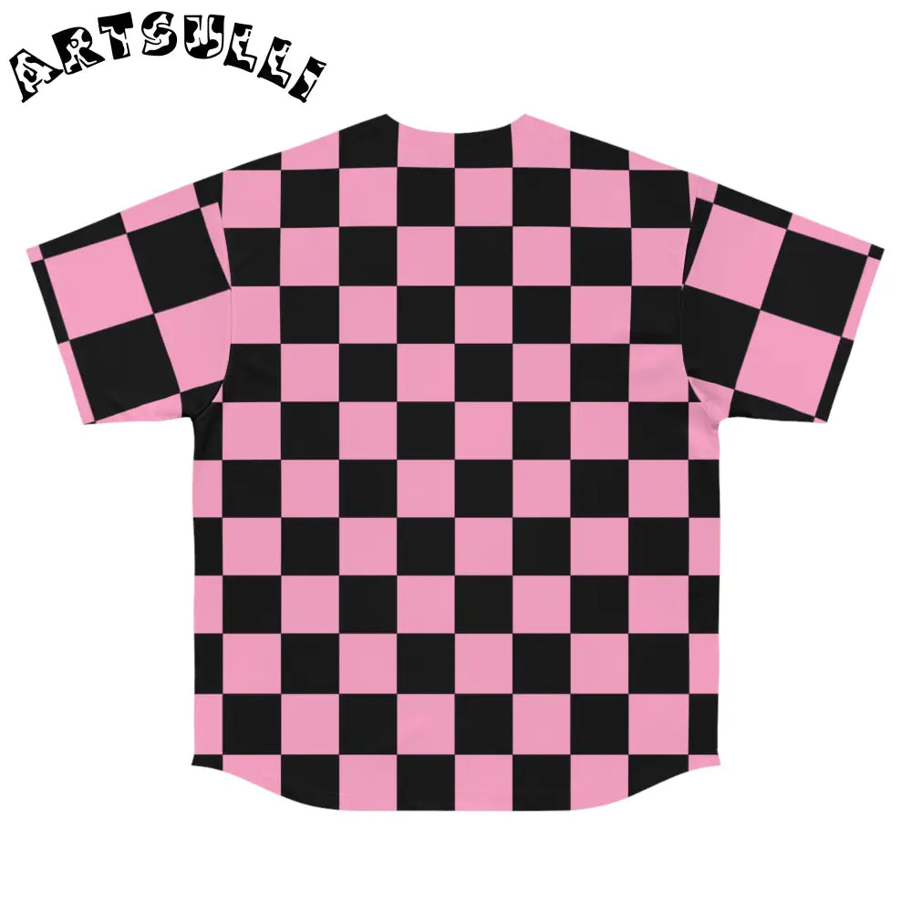 JAKKOUTTHEBXX Checkerboard Black and Pink Men’s Baseball Jersey