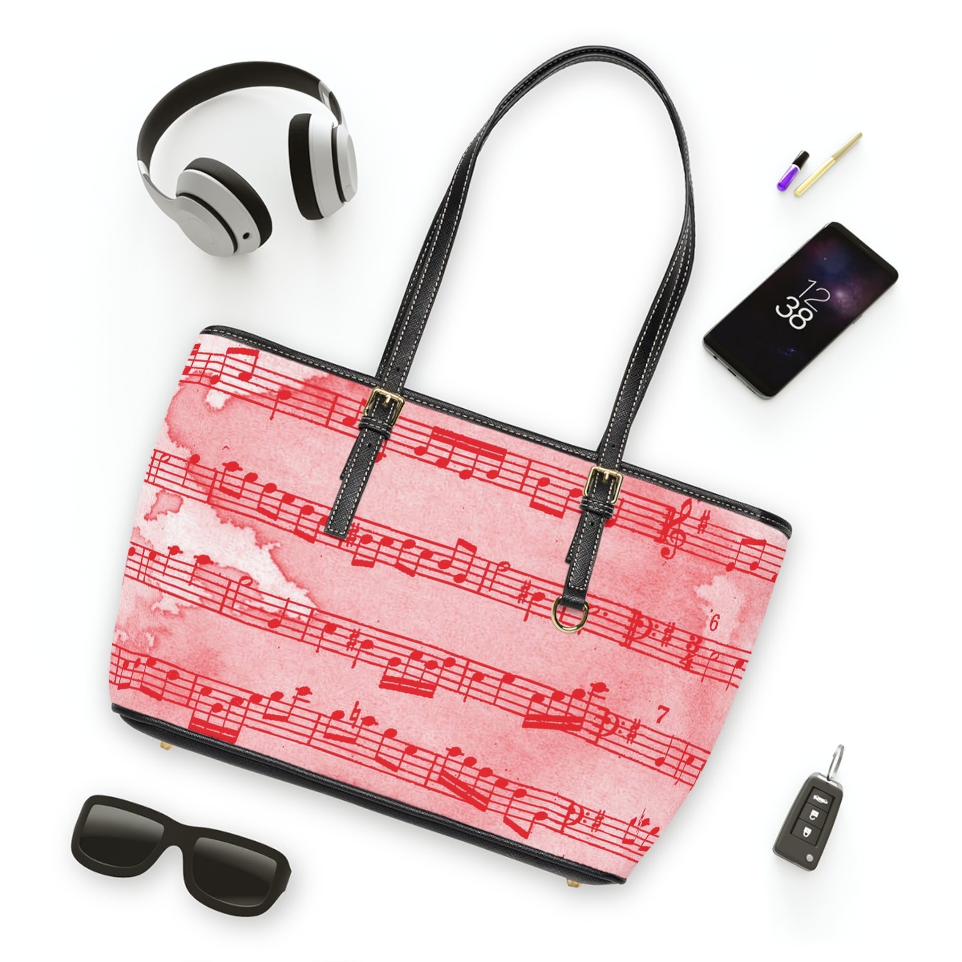 Drip Spill Type Beat Sheet Music Red PU Leather Shoulder Bag, Artsulli - Art is Long, Life is Short, Bags, , , , , , , 