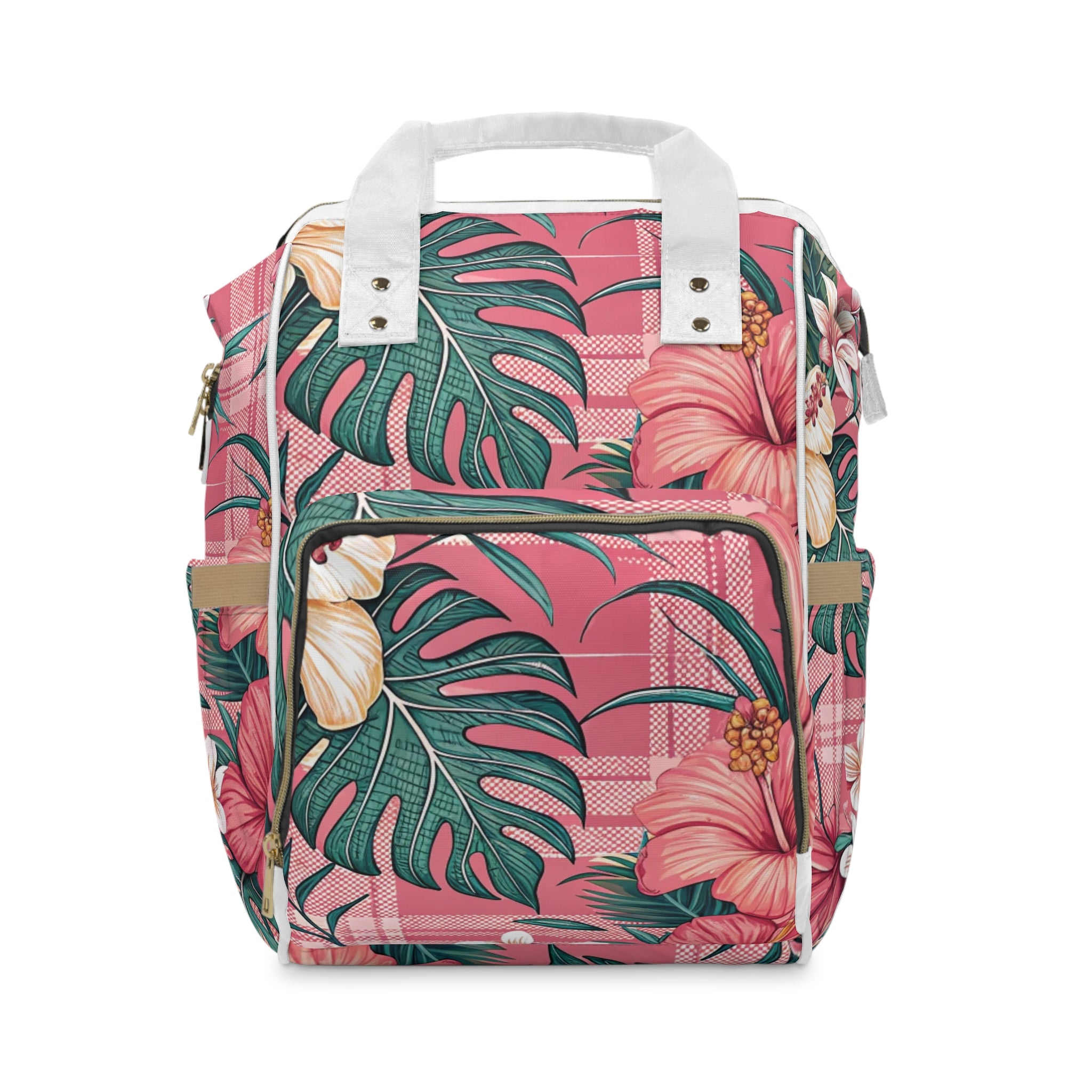 Plaid x Floral Burgundy and Green Multifunctional Diaper Backpack, Artsulli - Art is Long, Life is Short, Bags, Size, 15.0" × 10.8" × 6.7'', , , , , 94495708469566
