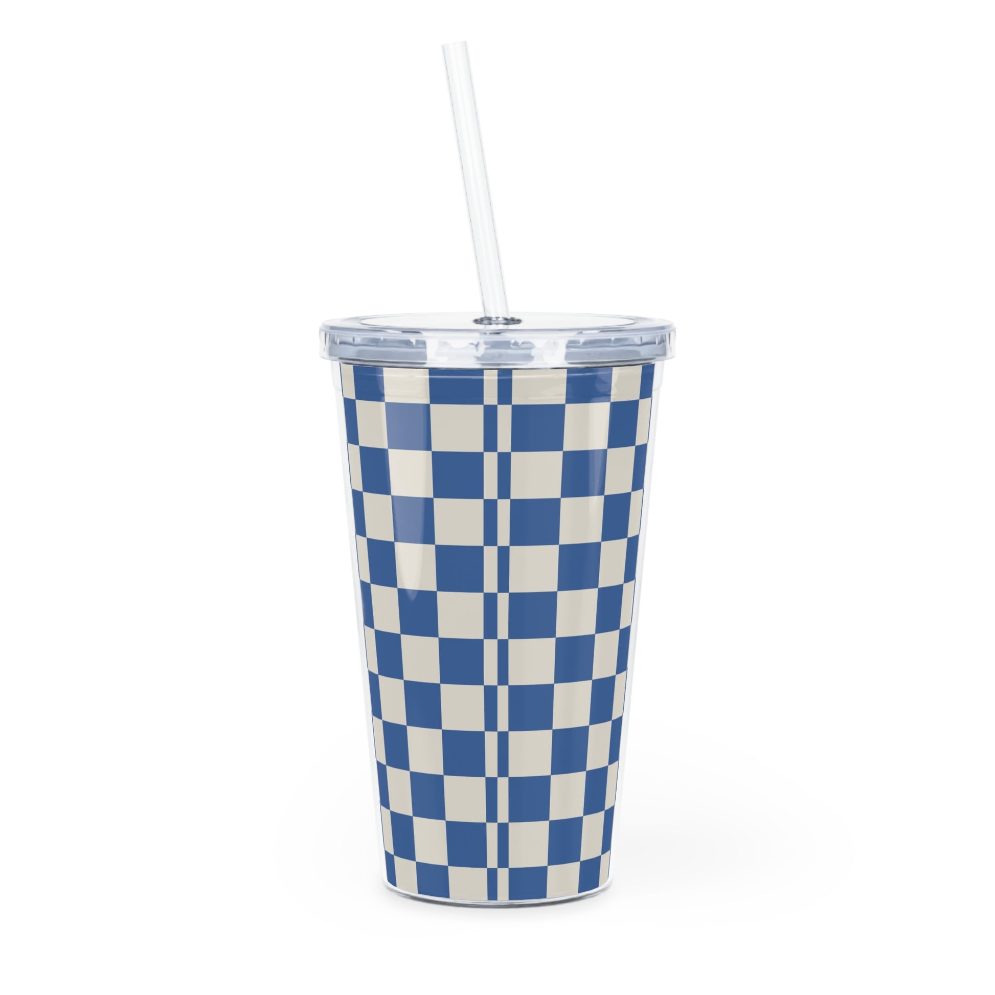 Checkerboard Blue Plastic Tumbler with Straw, Artsulli - Art is Long, Life is Short, Mug, , , , , , , 