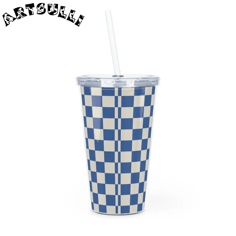 JAKKOUTTHEBXX Checkerboard Blue Plastic Tumbler with Straw