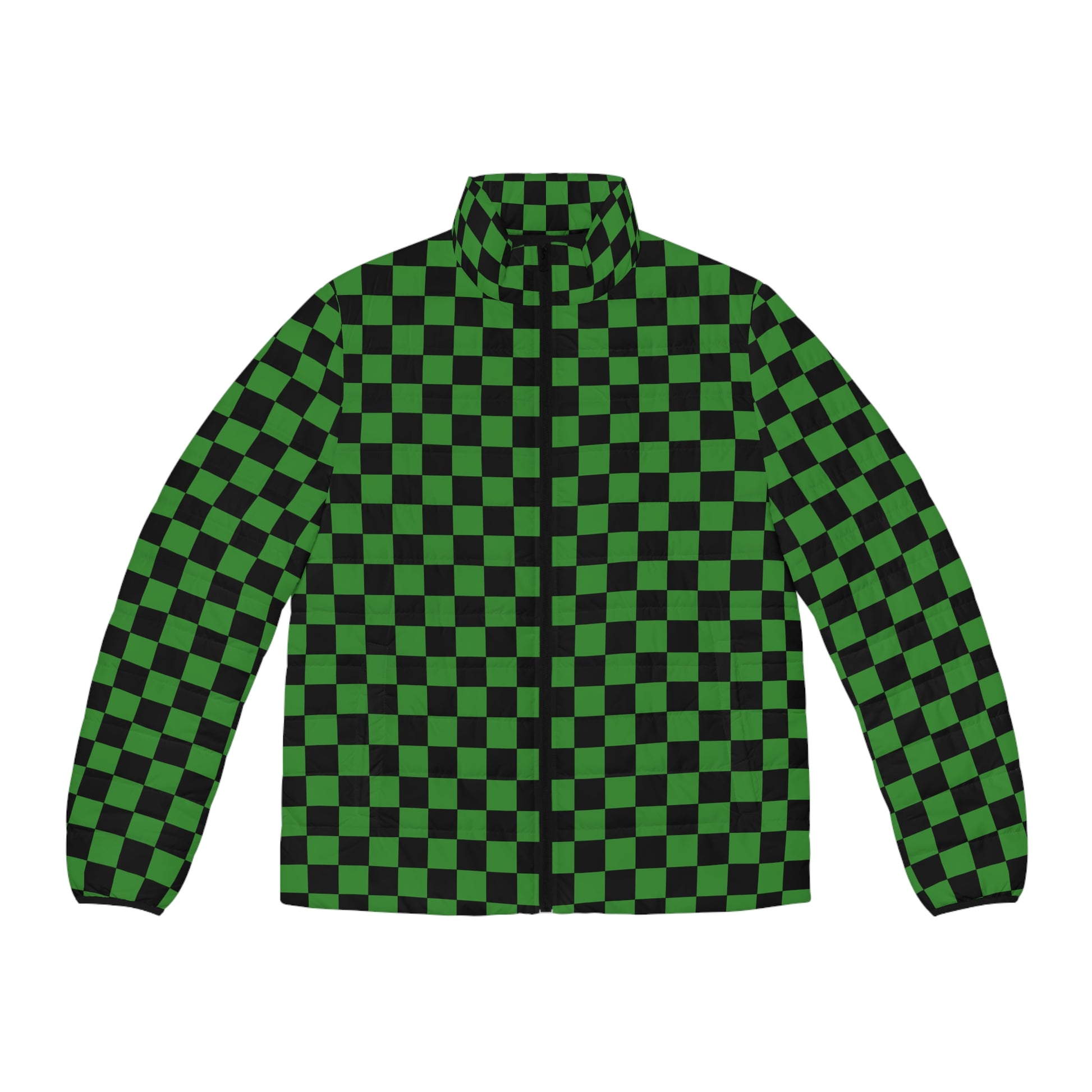 Checkerboard Green and Black Men's Puffer Jacket (AOP), Artsulli - Art is Long, Life is Short, All Over Prints, Size, S, Color, Black zipper, , , 22903220545103655298
