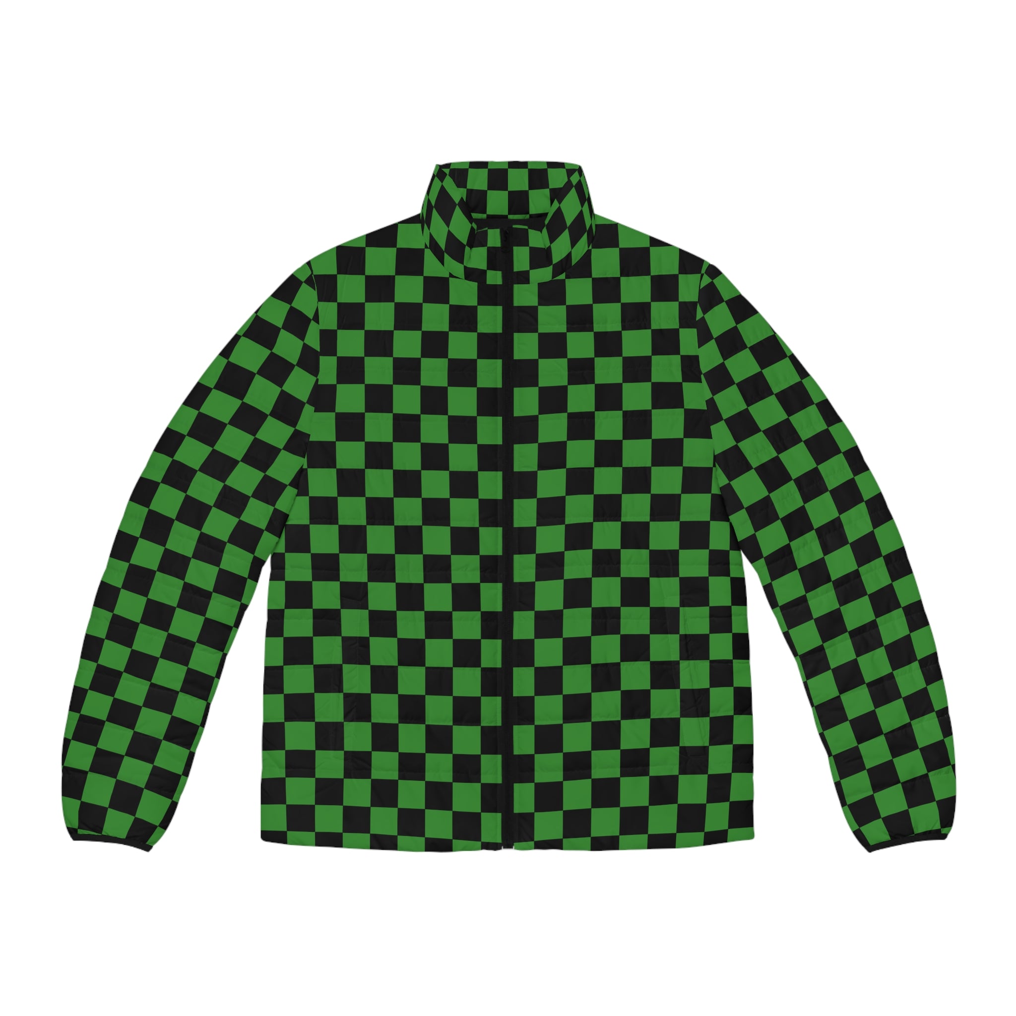 Checkerboard Green and Black Men's Puffer Jacket (AOP), Artsulli - Art is Long, Life is Short, All Over Prints, Size, S, Color, Black zipper, , , 22903220545103655298
