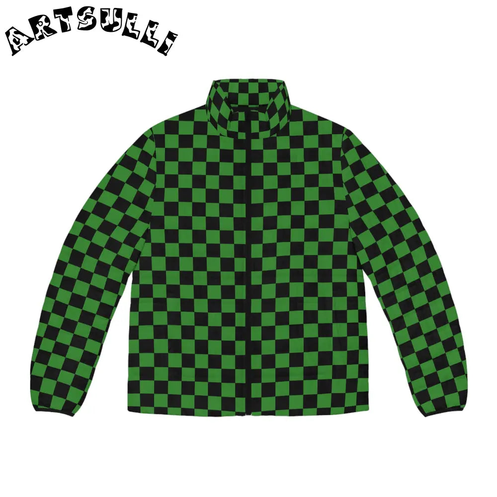 JAKKOUTTHEBXX Checkerboard Green and Black Men’s Puffer Jacket (AOP)