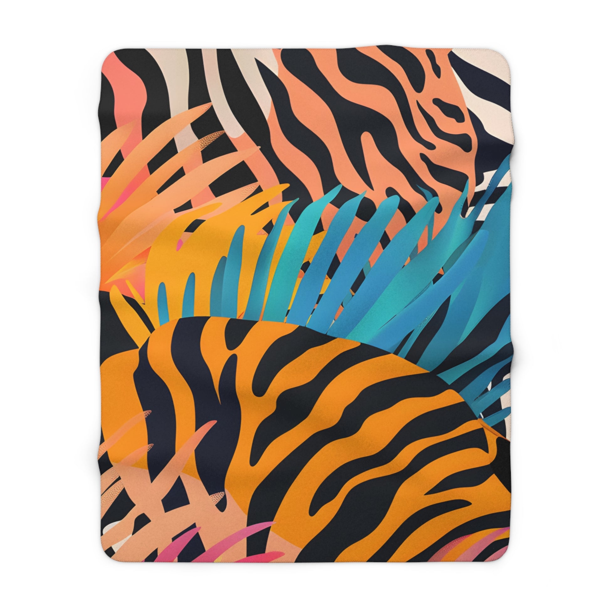 Palm Leaves x Zebra Stripes x Tiger Stripes Orange and Blue  Sherpa Fleece Blanket, Artsulli - Art is Long, Life is Short, Home Decor, Size, 60" × 80", , , , , 89894529576230