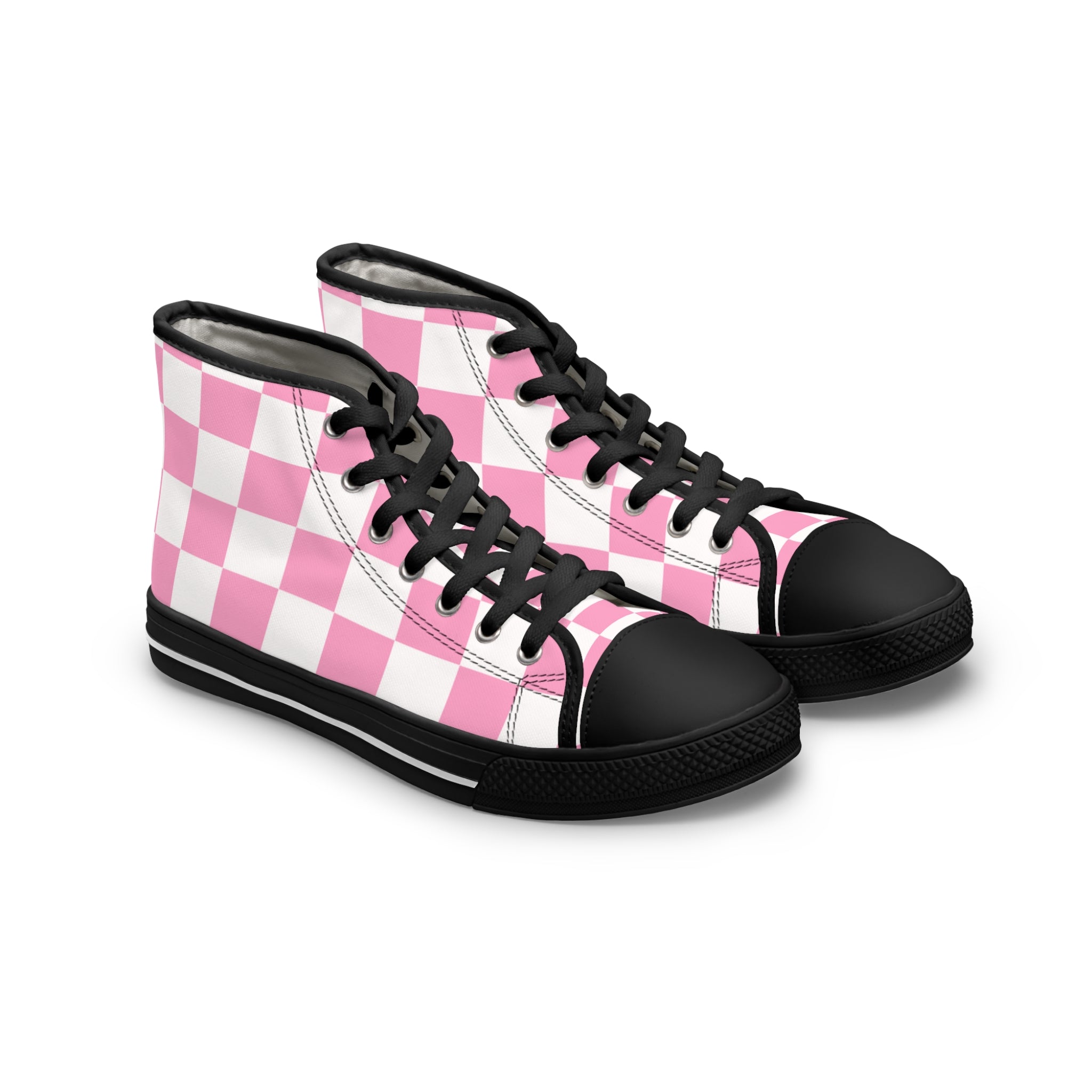 Checkerboard Hot Pink and White Women's High Top Sneakers, Artsulli - Art is Long, Life is Short, Shoes, Size, US 5.5, Color, Black sole, , , 46280838428244866758