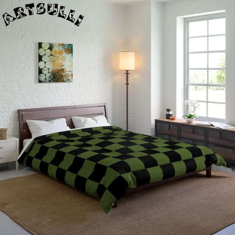 JAKKOUTTHEBXX Checkerboard Olive Green and Black Comforter
