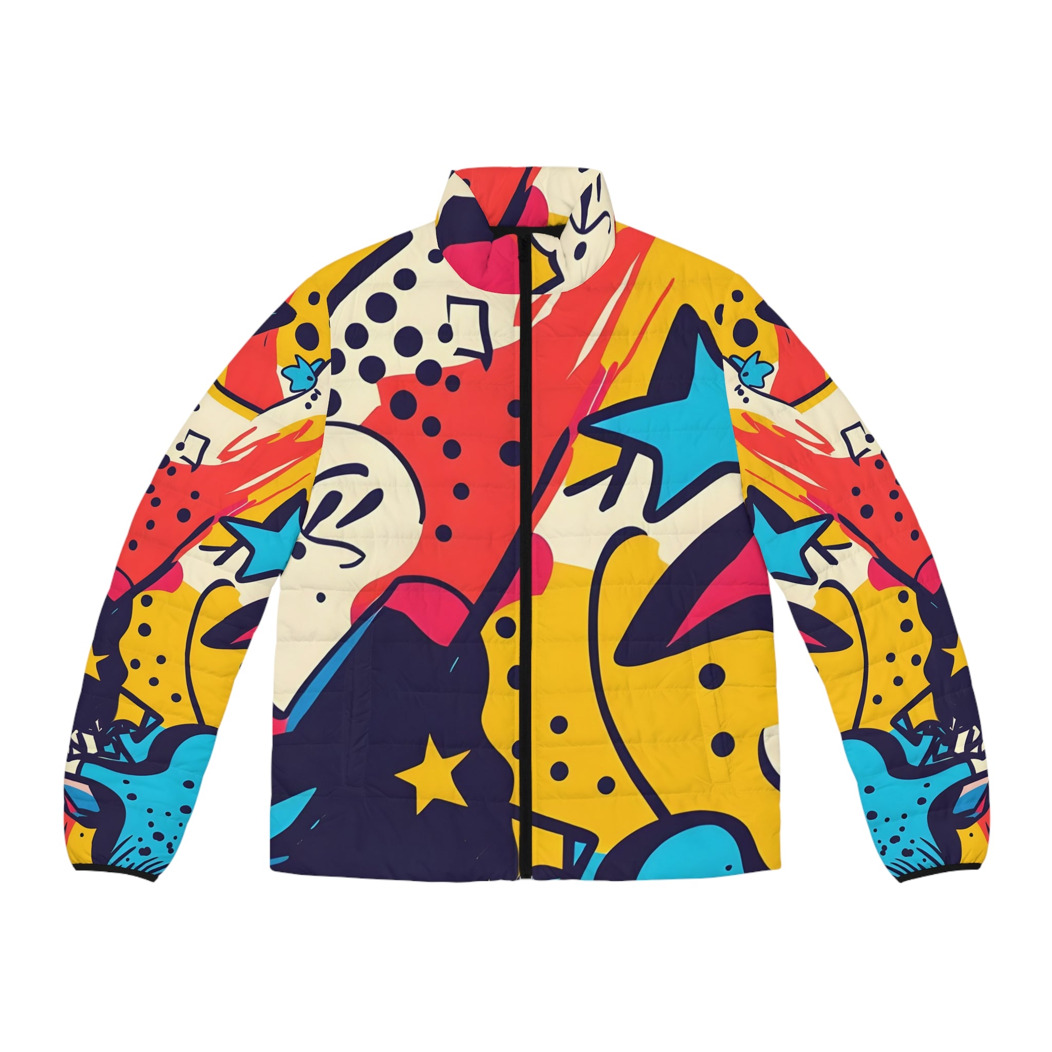 Comic x Pop Art Men's Puffer Jacket (AOP), Artsulli - Art is Long, Life is Short, All Over Prints, Size, S, Color, Black zipper, , , 28142655269613548653