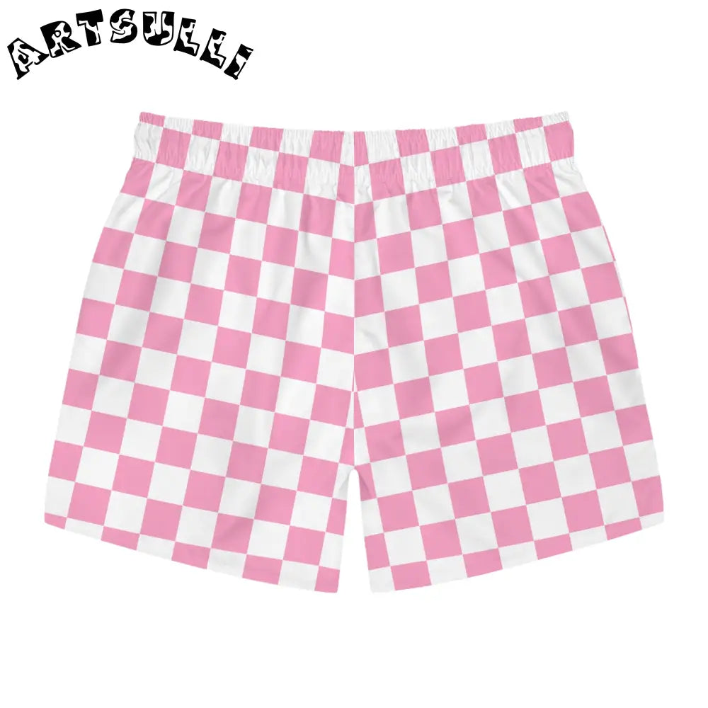 JAKKOUTTHEBXX Checkerboard Hot Pink and White Swim Trunks (AOP)