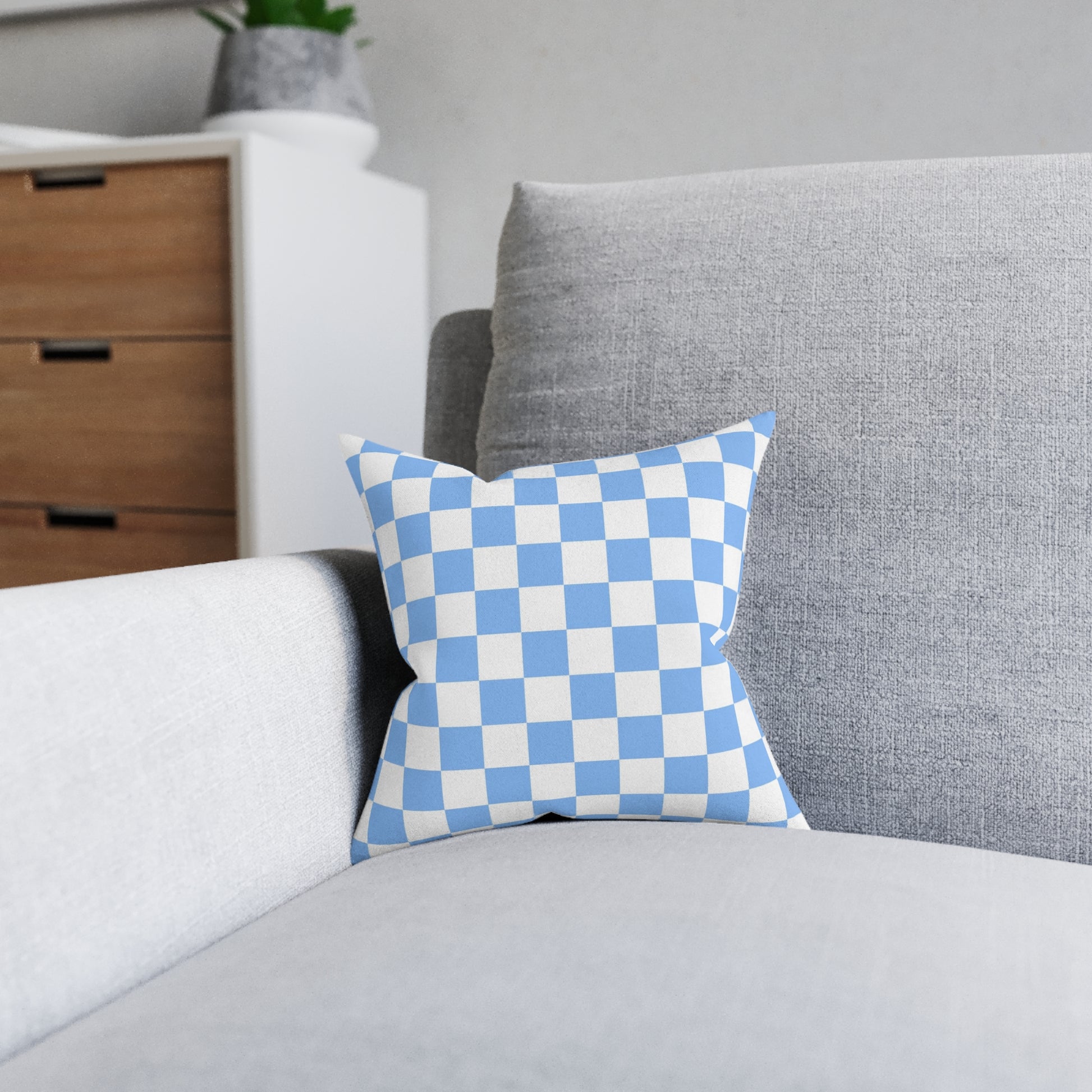 Checkerboard White and Light Blue Square Pillow - Pink Back, Artsulli - Art is Long, Life is Short, Home Decor, , , , , , , 