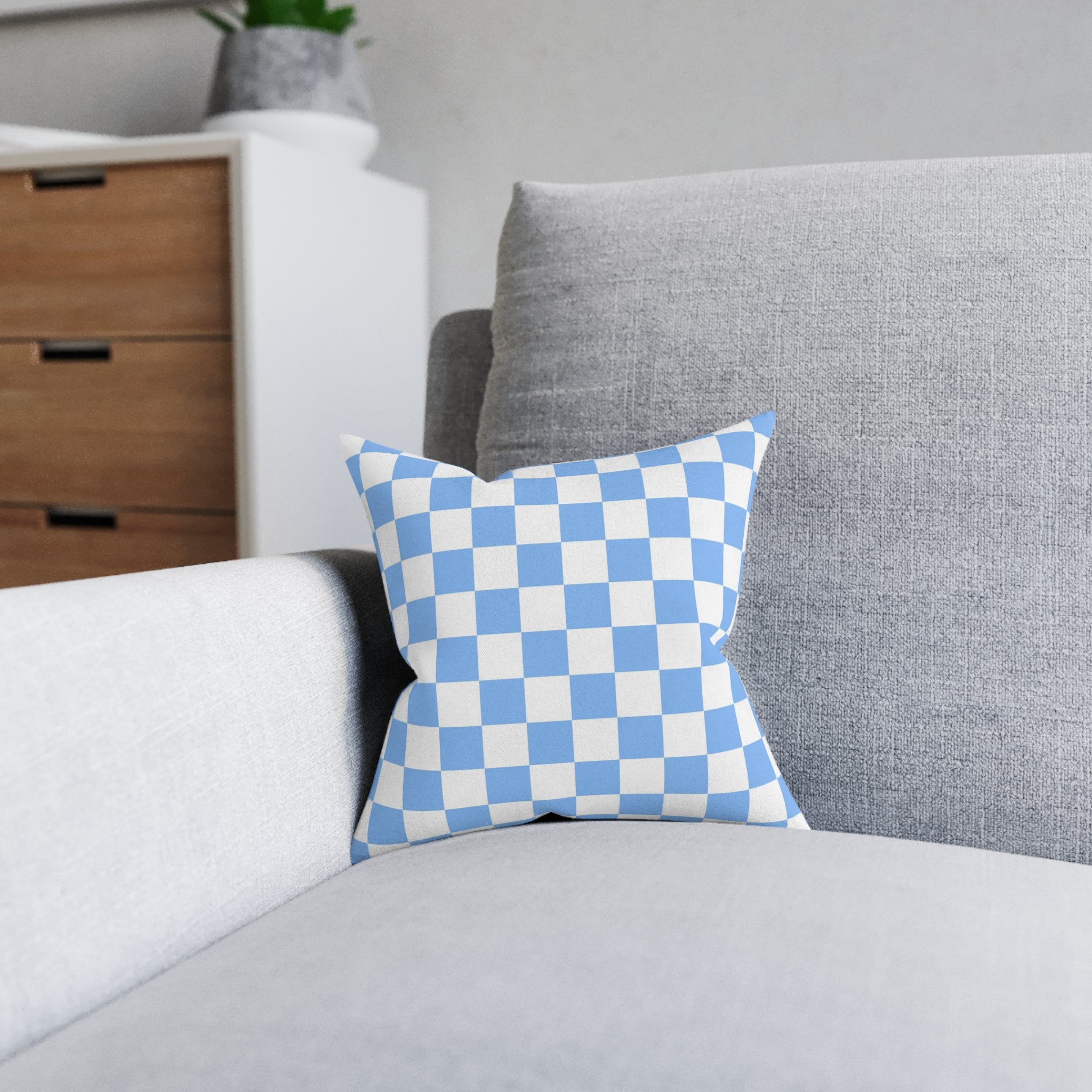 Checkerboard White and Light Blue Square Pillow - Pink Back, Artsulli - Art is Long, Life is Short, Home Decor, , , , , , , 