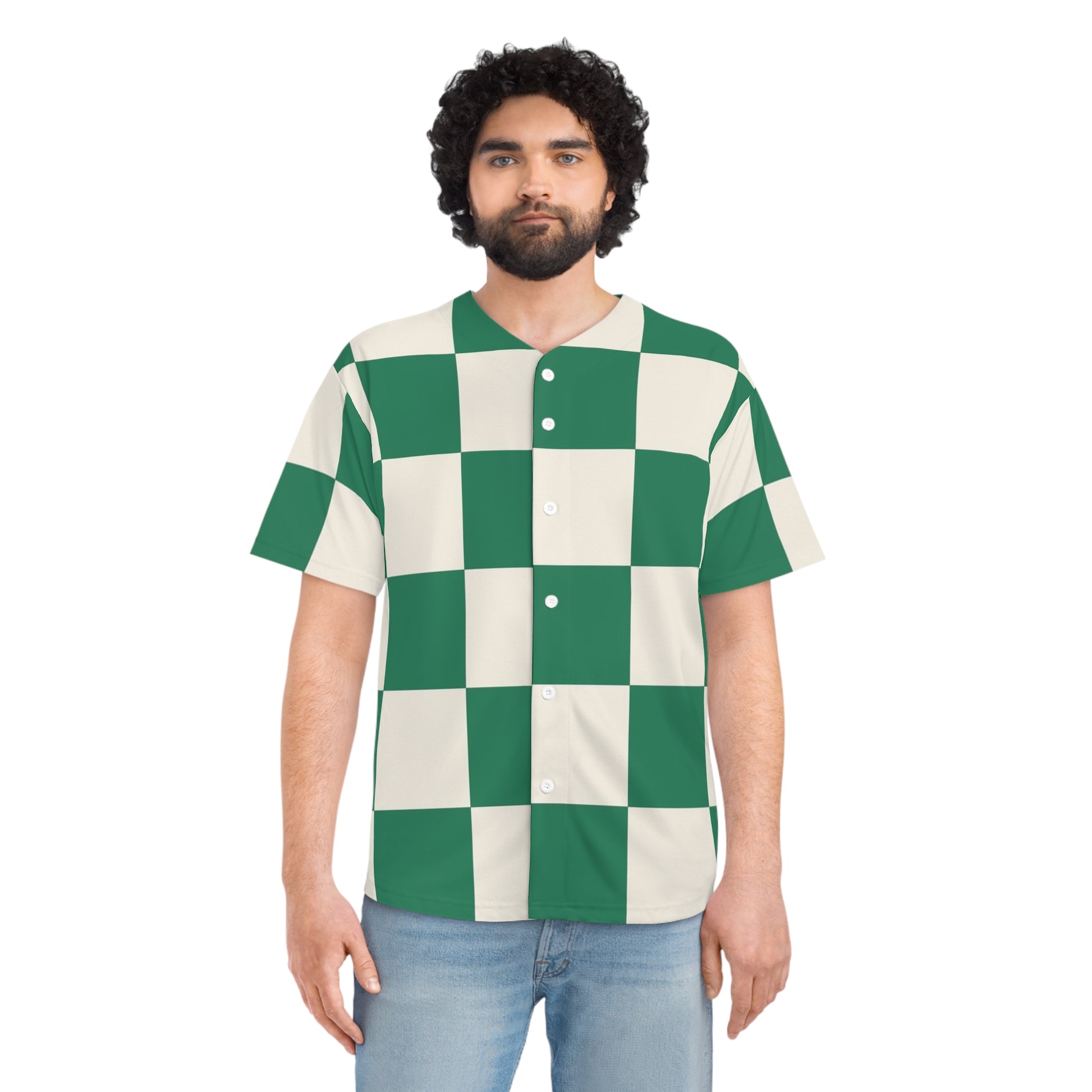 Checkerboard Dark Green Men's Baseball Jersey (AOP), Artsulli - Art is Long, Life is Short, All Over Prints, , , , , , , 
