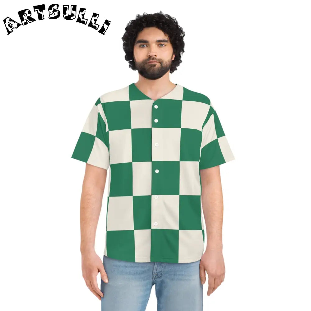 JAKKOUTTHEBXX Checkerboard Dark Green Men’s Baseball Jersey (AOP)