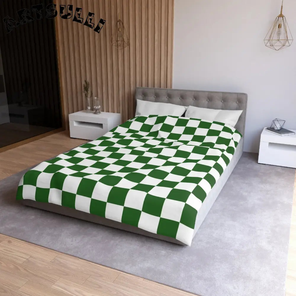 JAKKOUTTHEBXX Checkerboard White and Dark Green Microfiber Duvet