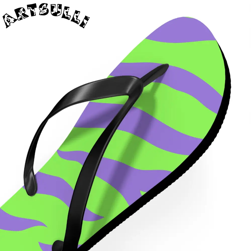 JAKKOUTTHEBXX Tyrannosaurus Print Green and Purple Flip Flops