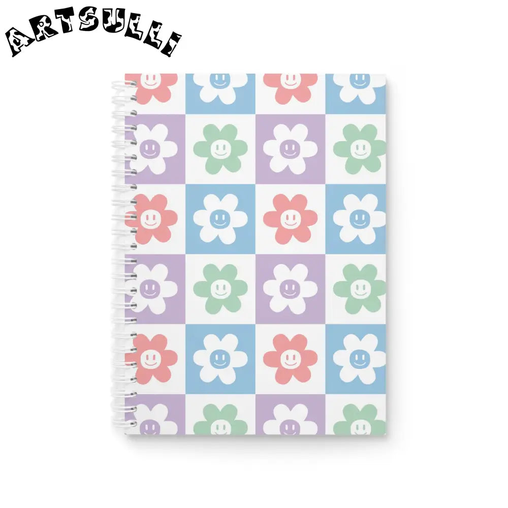 JAKKOUTTHEBXX Smiley Flower Checkered Wide-Ruled Spiral Notebook 2025
