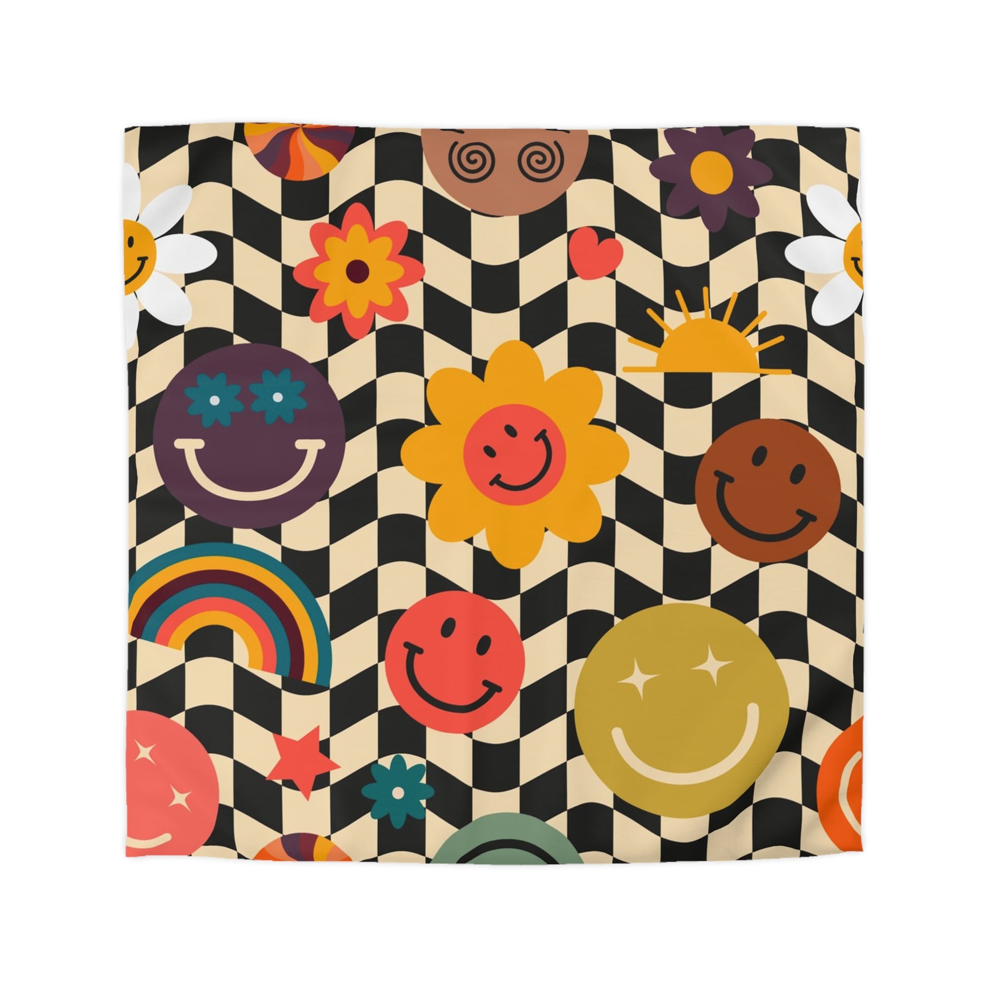 Trippy x Wavy Checkerboard x Smiley Face x Rainbow x Flowers Multi-Color Microfiber Duvet Cover, Artsulli - Art is Long, Life is Short, Home Decor, Size, Queen, Color, White, , , 90984830490494091983