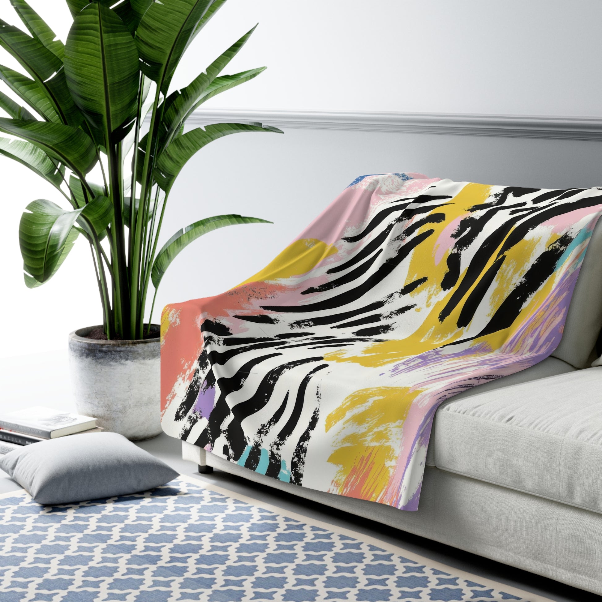 Wild Zebra Stripes x Paint Brush Strokes Multi-Color II Sherpa Fleece Blanket, Artsulli - Art is Long, Life is Short, Home Decor, , , , , , , 