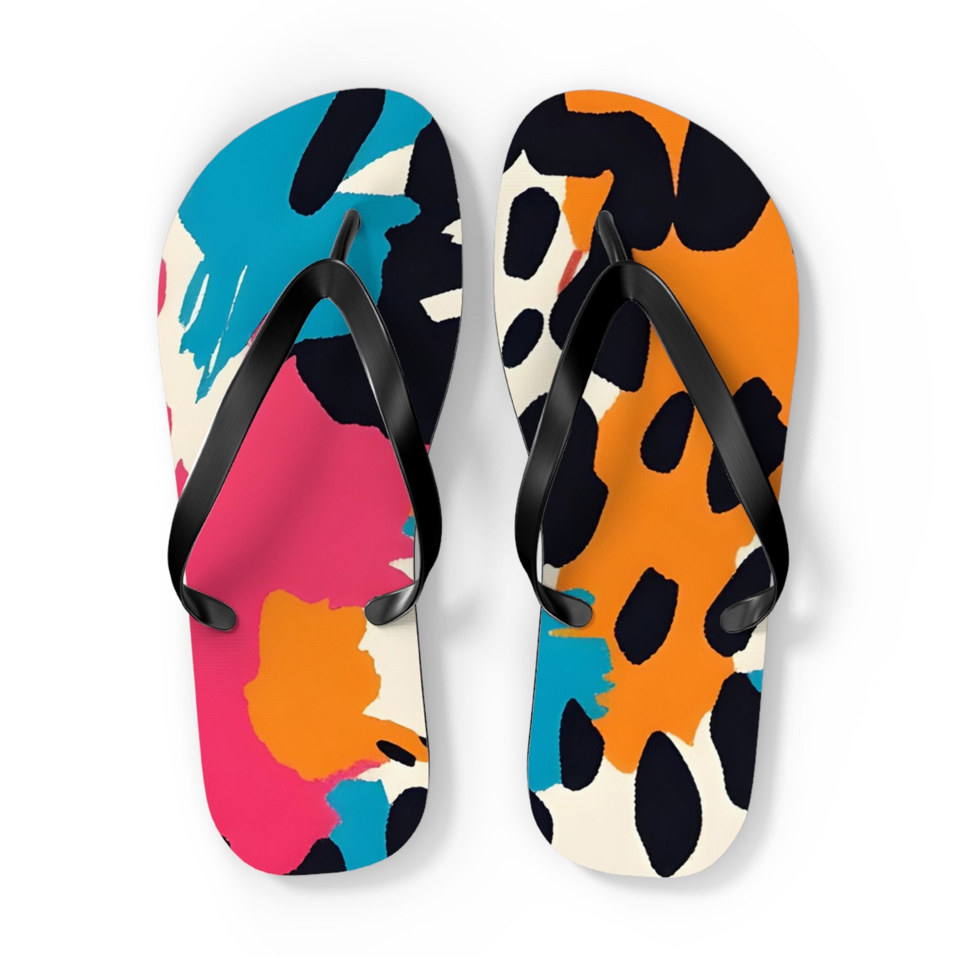 Wild Brush Strokes x Animal Print Multi-Color Flip Flops, Artsulli - Art is Long, Life is Short, Shoes, Size, XL, Color, Black sole, , , 96242348701828111978
