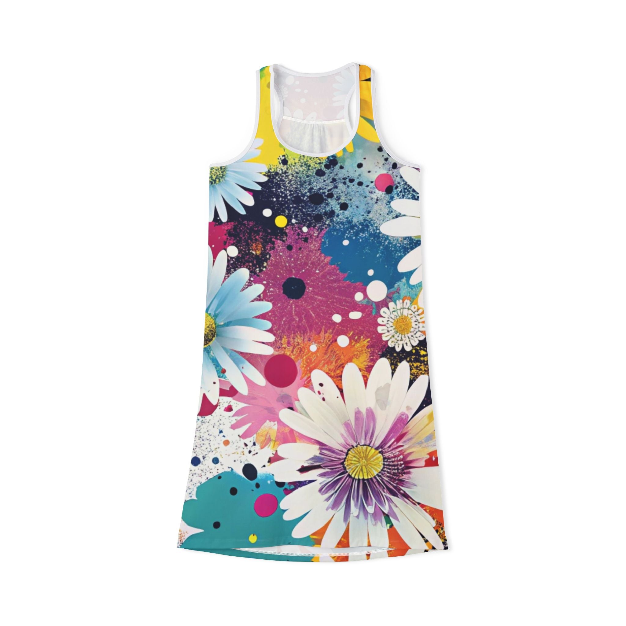 Magical Flower Explosion Multi-Color Women's Racerback Dress (AOP), Artsulli - Art is Long, Life is Short, Tank Top, Size, XS, Color, White, , , 17164037836129