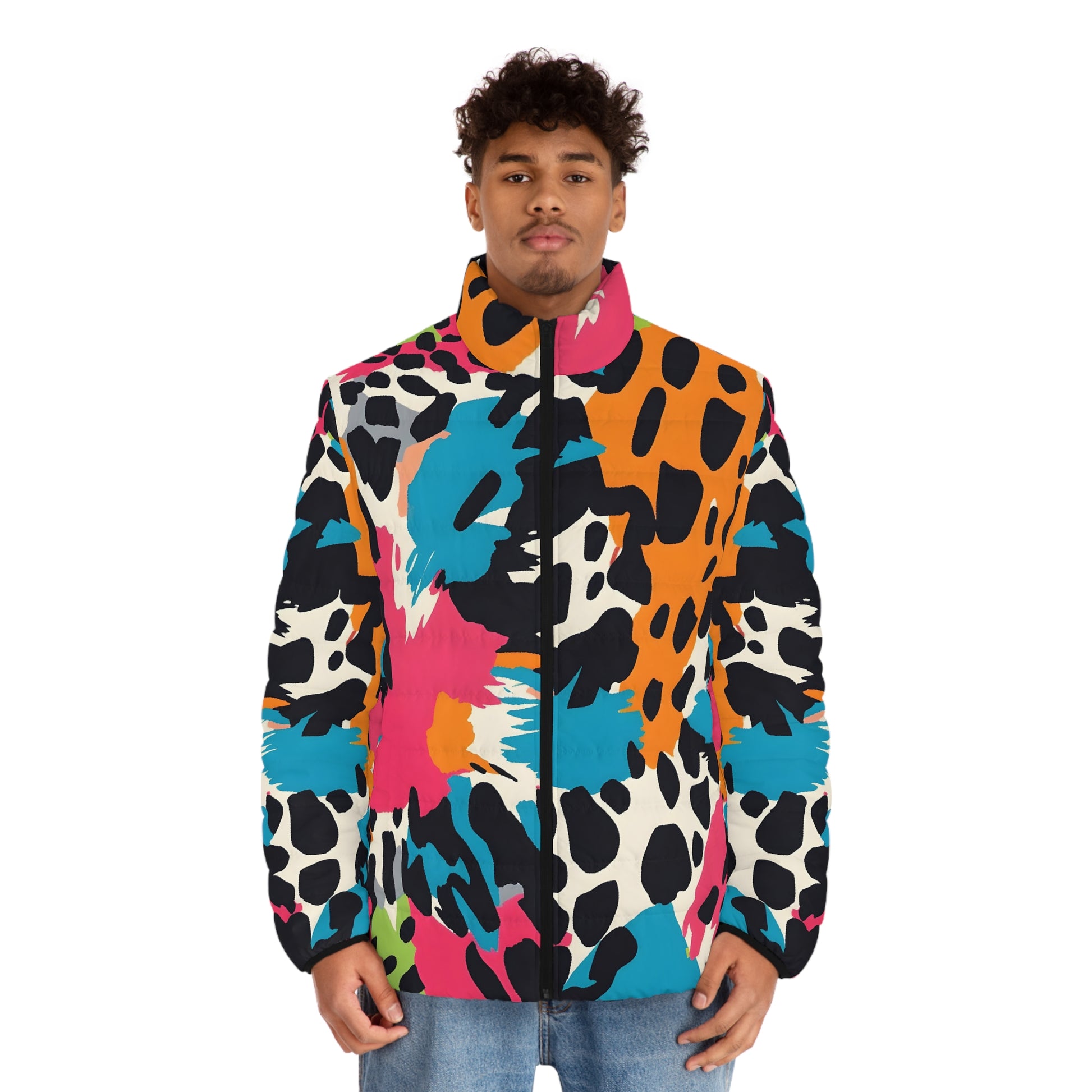 Wild Brush Strokes x Animal Print Multi-Color  Men's Puffer Jacket (AOP), Artsulli - Art is Long, Life is Short, All Over Prints, , , , , , , 