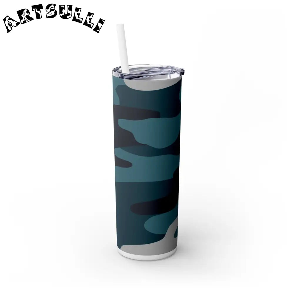 JAKKOUTTHEBXX Blue Camouflage Skinny Tumbler with Straw 20oz