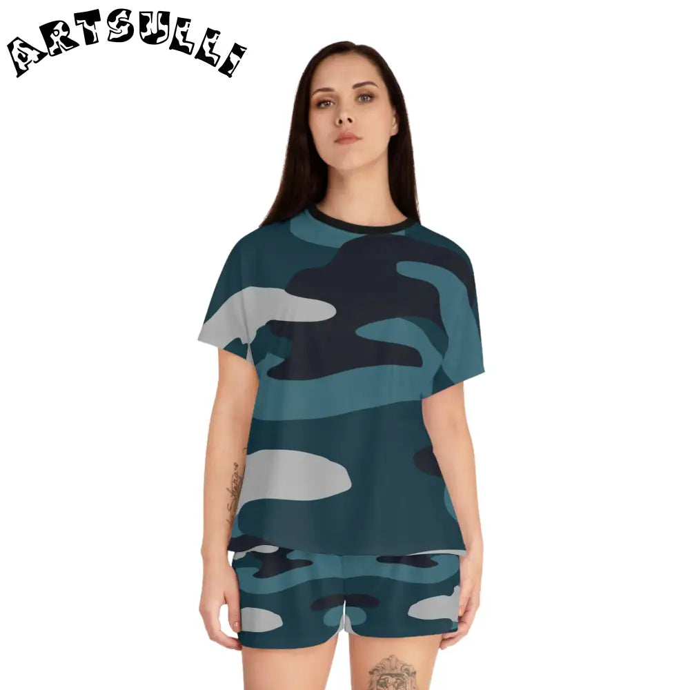 JAKKOUTTHEBXX Blue Camouflage Women’s Short Pajama Set (AOP)