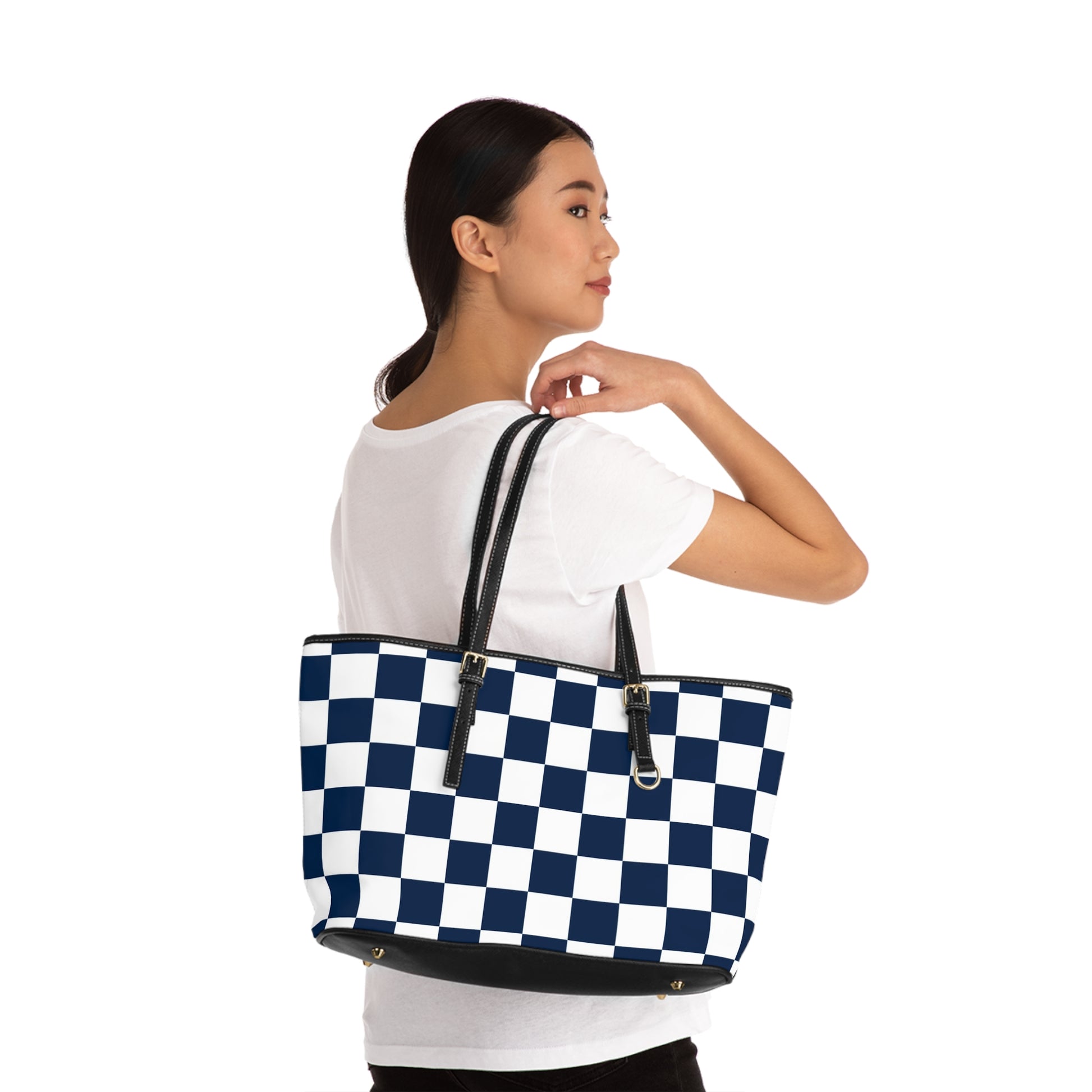 Checkerboard White and Navy Blue PU Leather Shoulder Bag, Artsulli - Art is Long, Life is Short, Bags, , , , , , , 
