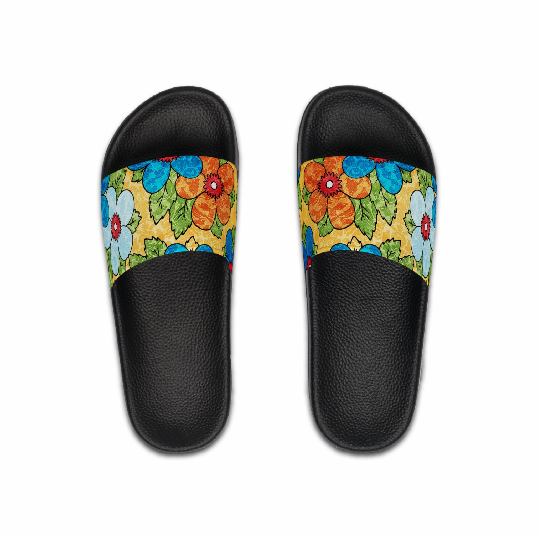 Groovy Yellow Floral Kl Men's Slide Sandals, Artsulli - Art is Long, Life is Short, Shoes, Color, Black sole, Size, US 6, , , 21668633244801286743