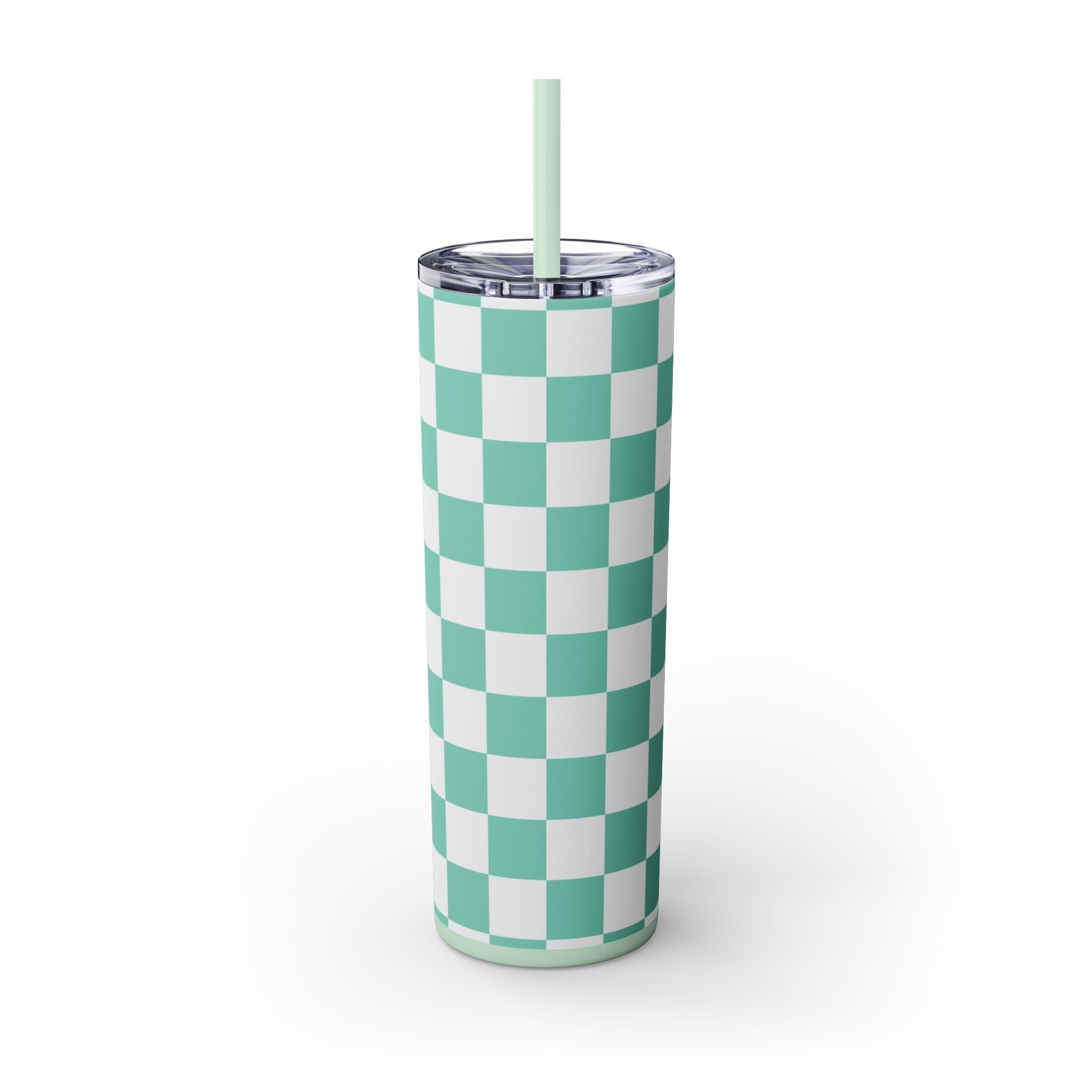 Checkerboard Light Green Skinny Tumbler with Straw, 20oz, Artsulli - Art is Long, Life is Short, Mug, , , , , , , 