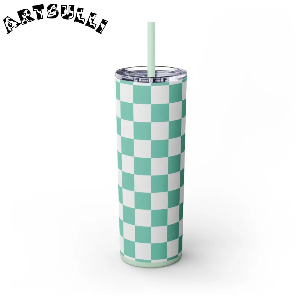 JAKKOUTTHEBXX Checkerboard Light Green Skinny Tumbler with Straw