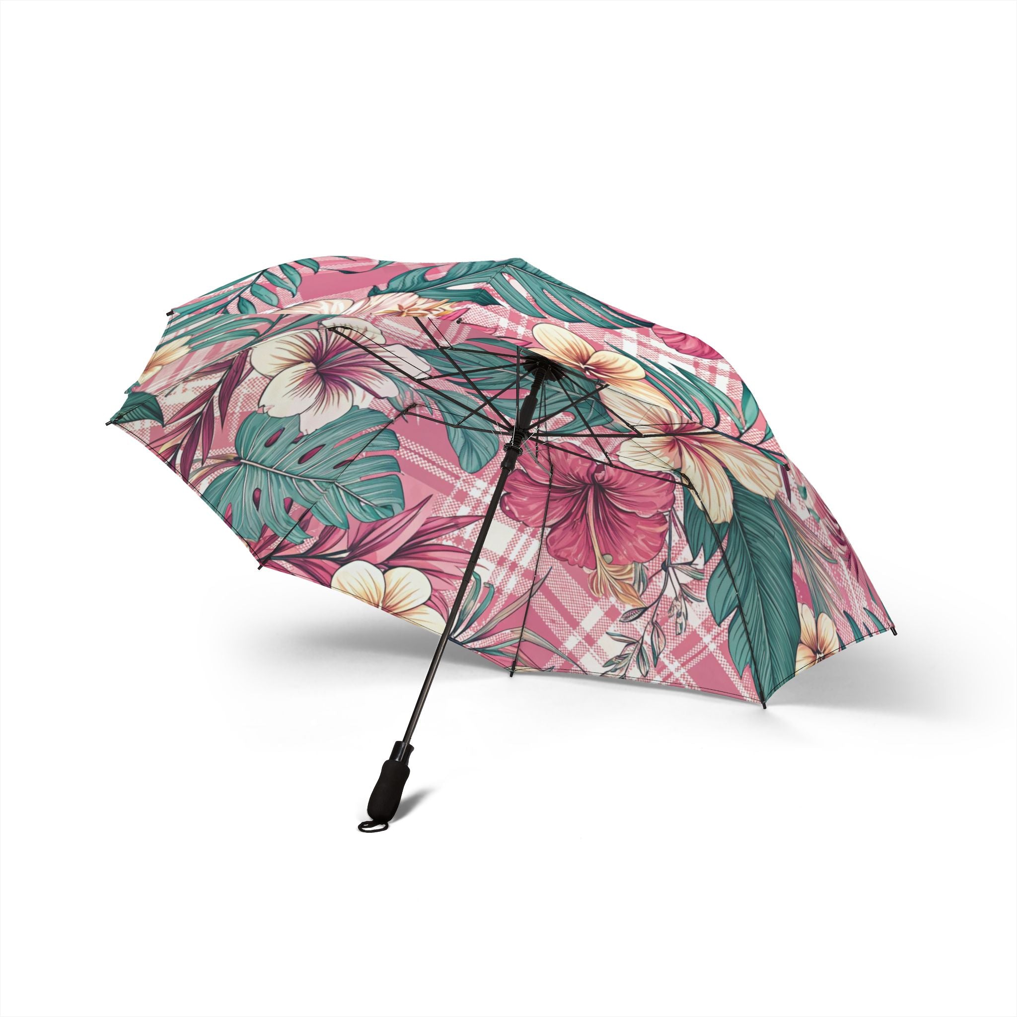 Plaid x Floral Burgundy and Green Semi-Automatic Foldable Umbrella, Artsulli - Art is Long, Life is Short, Accessories, , , , , , , 
