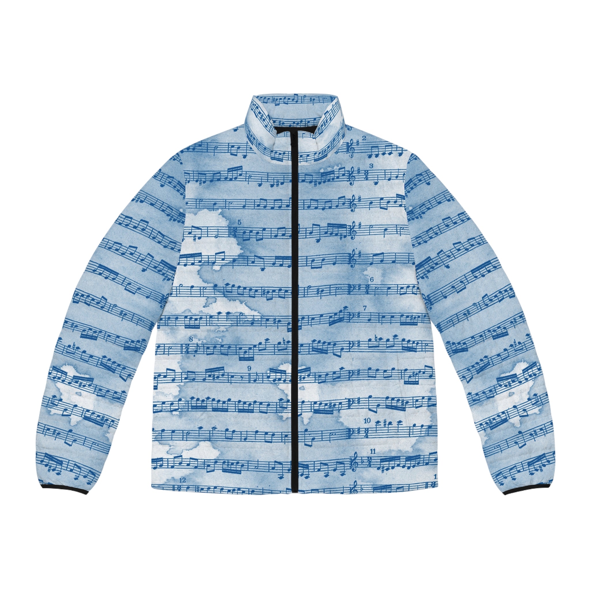 Drip Spill Type Beat Sheet Music Blue Men's Puffer Jacket (AOP), Artsulli - Art is Long, Life is Short, All Over Prints, Size, S, Color, Black zipper, , , 19439957463973895709