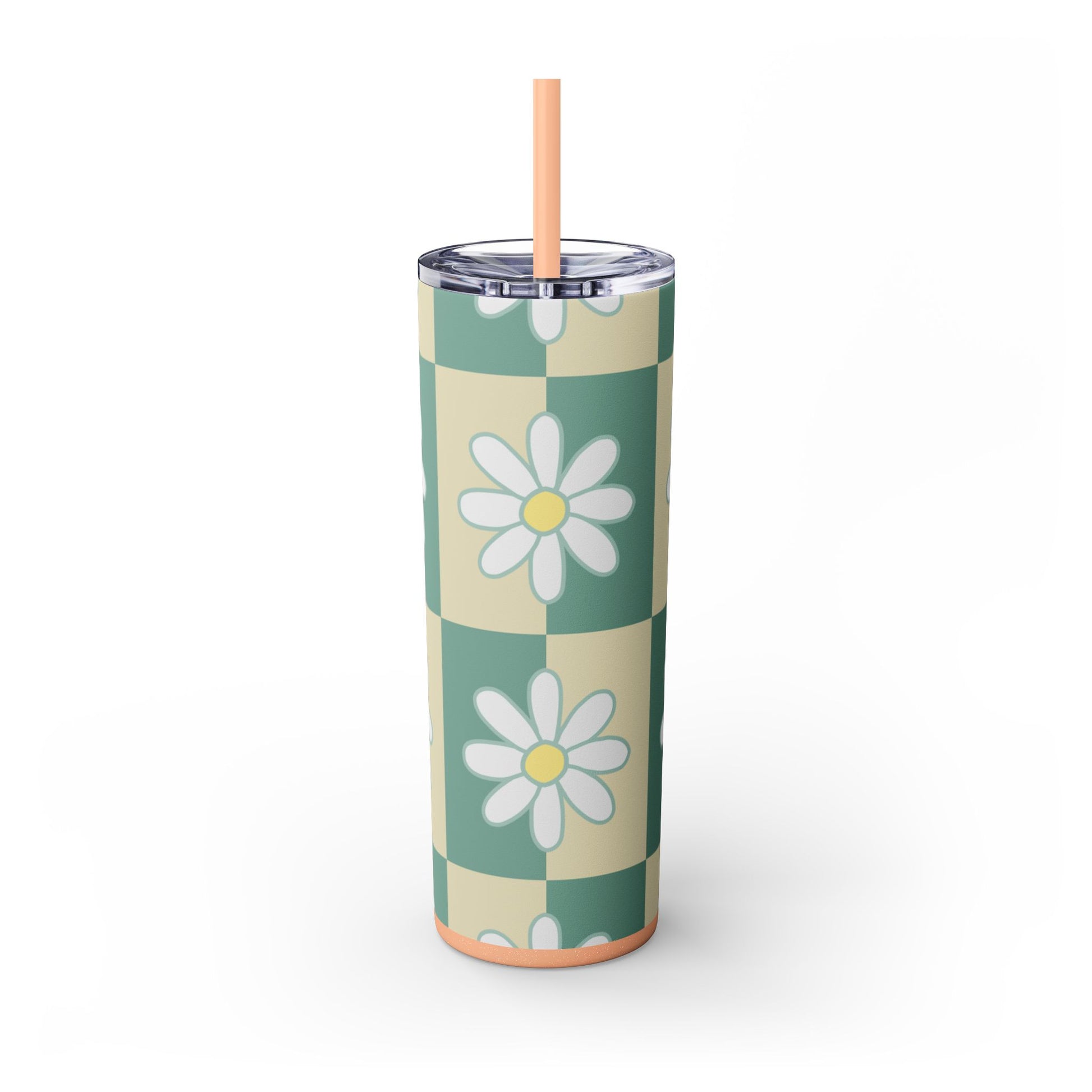 Retro Daisy Checkerboard Green and Tan Skinny Tumbler with Straw, 20oz, Artsulli - Art is Long, Life is Short, Mug, , , , , , , 