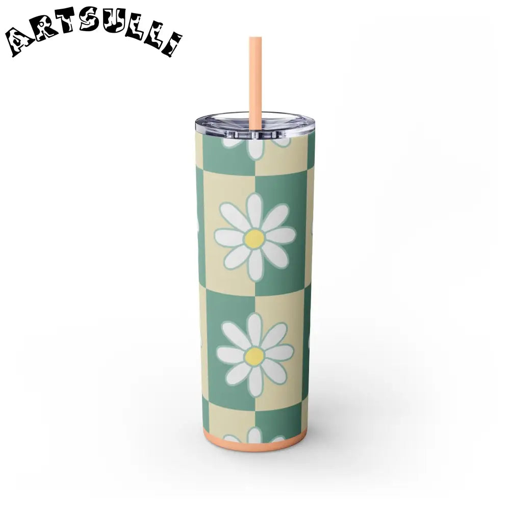 JAKKOUTTHEBXX Retro Daisy Checkerboard Green and Tan Skinny Tumbler