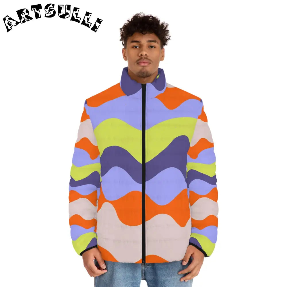 JAKKOUTTHEBXX Waves Red and Blue Men’s Puffer Jacket (AOP)