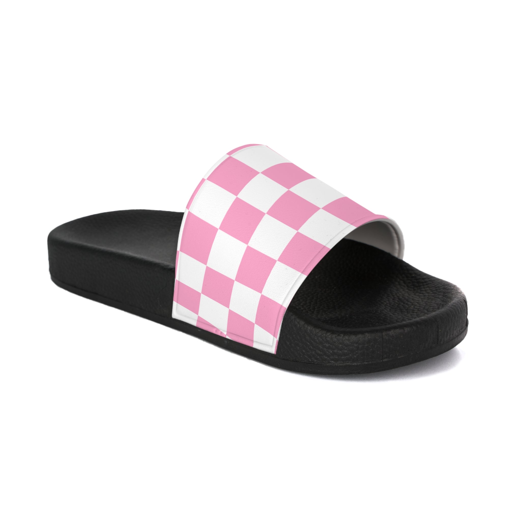 Checkerboard Hot Pink and White Women's Slide Sandals, Artsulli - Art is Long, Life is Short, Shoes, Color, Black sole, Size, US 5, , , 33631685226977458414