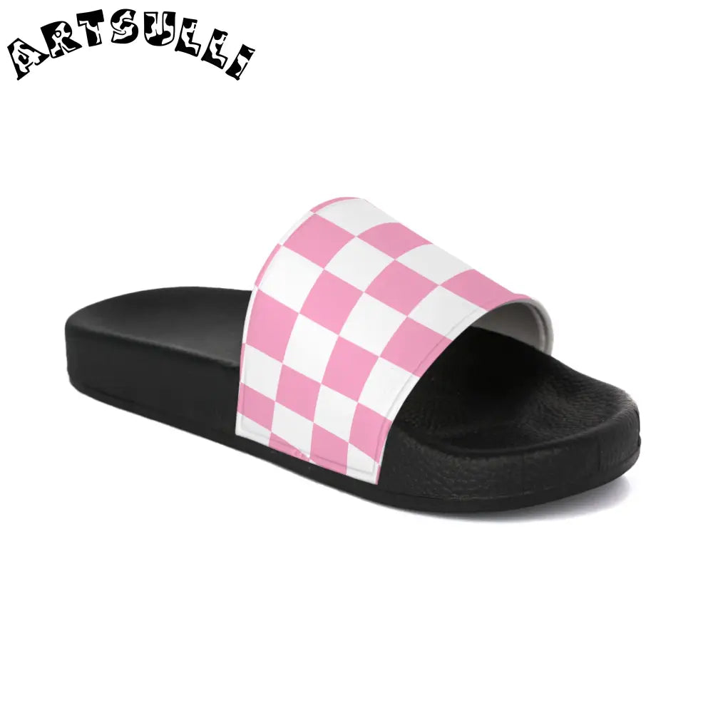 JAKKOUTTHEBXX Checkerboard Hot Pink and White Women’s Slide Sandals