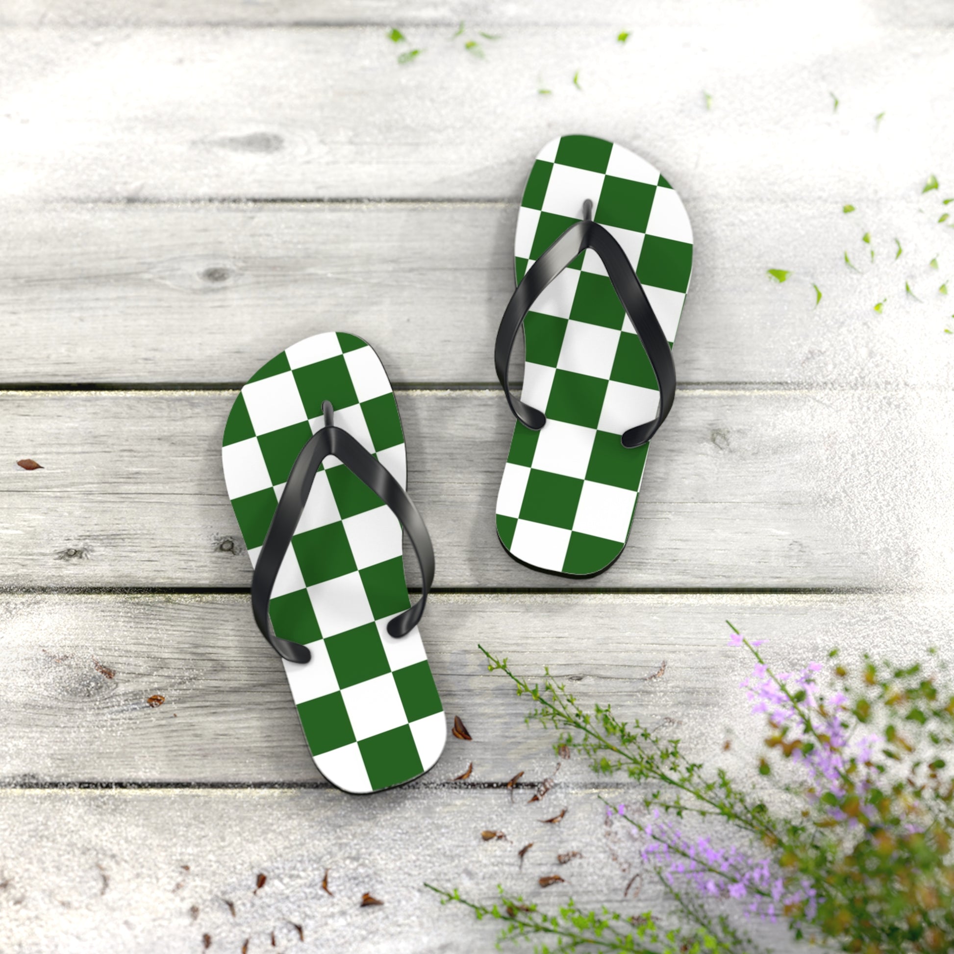 Checkerboard White and Dark Green Flip Flops, Artsulli - Art is Long, Life is Short, Shoes, , , , , , , 