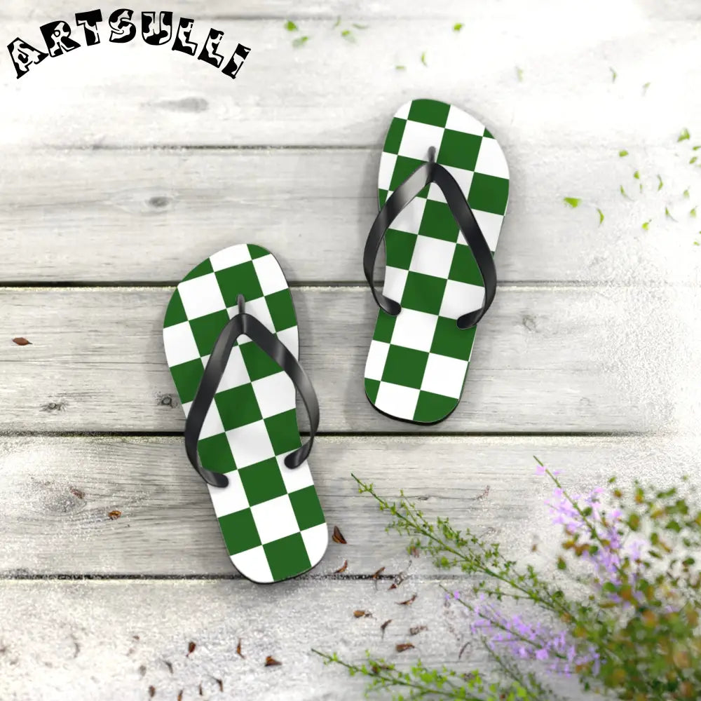 JAKKOUTTHEBXX Checkerboard White and Dark Green Flip Flops