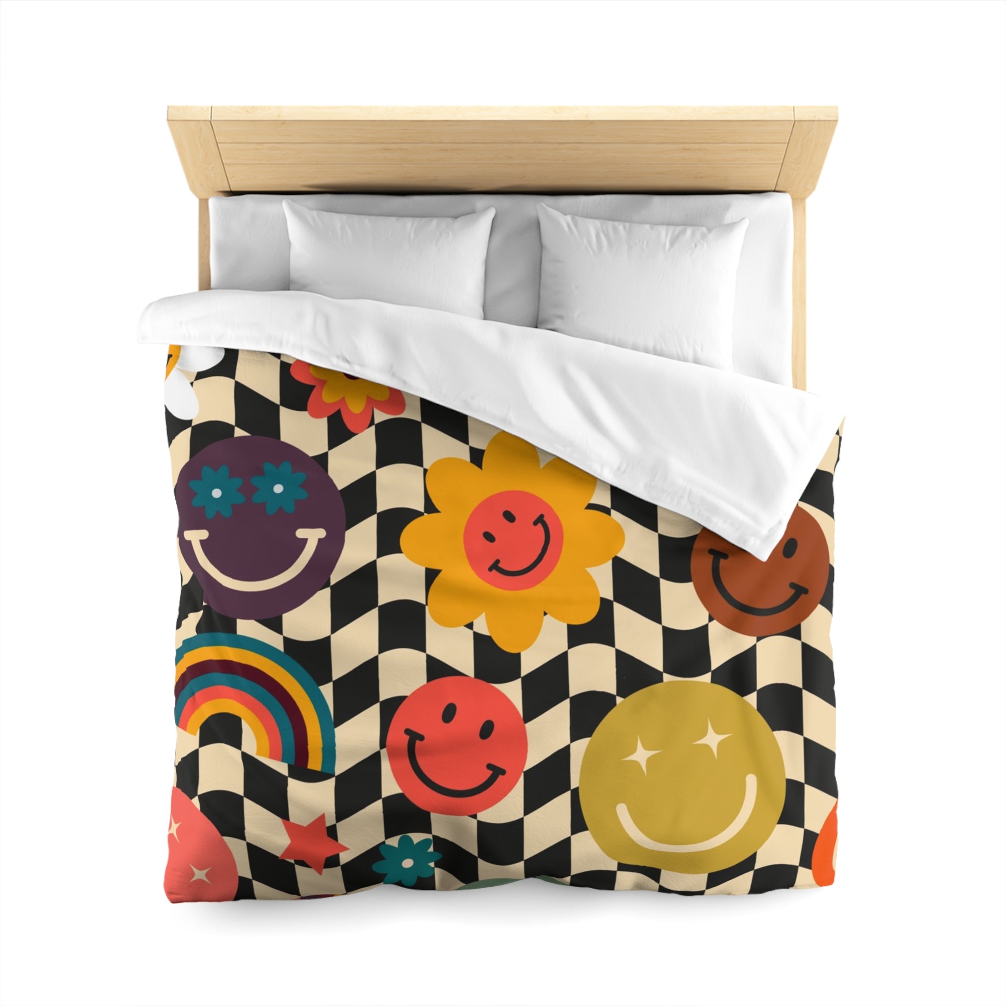 Trippy x Wavy Checkerboard x Smiley Face x Rainbow x Flowers Multi-Color Microfiber Duvet Cover, Artsulli - Art is Long, Life is Short, Home Decor, , , , , , , 
