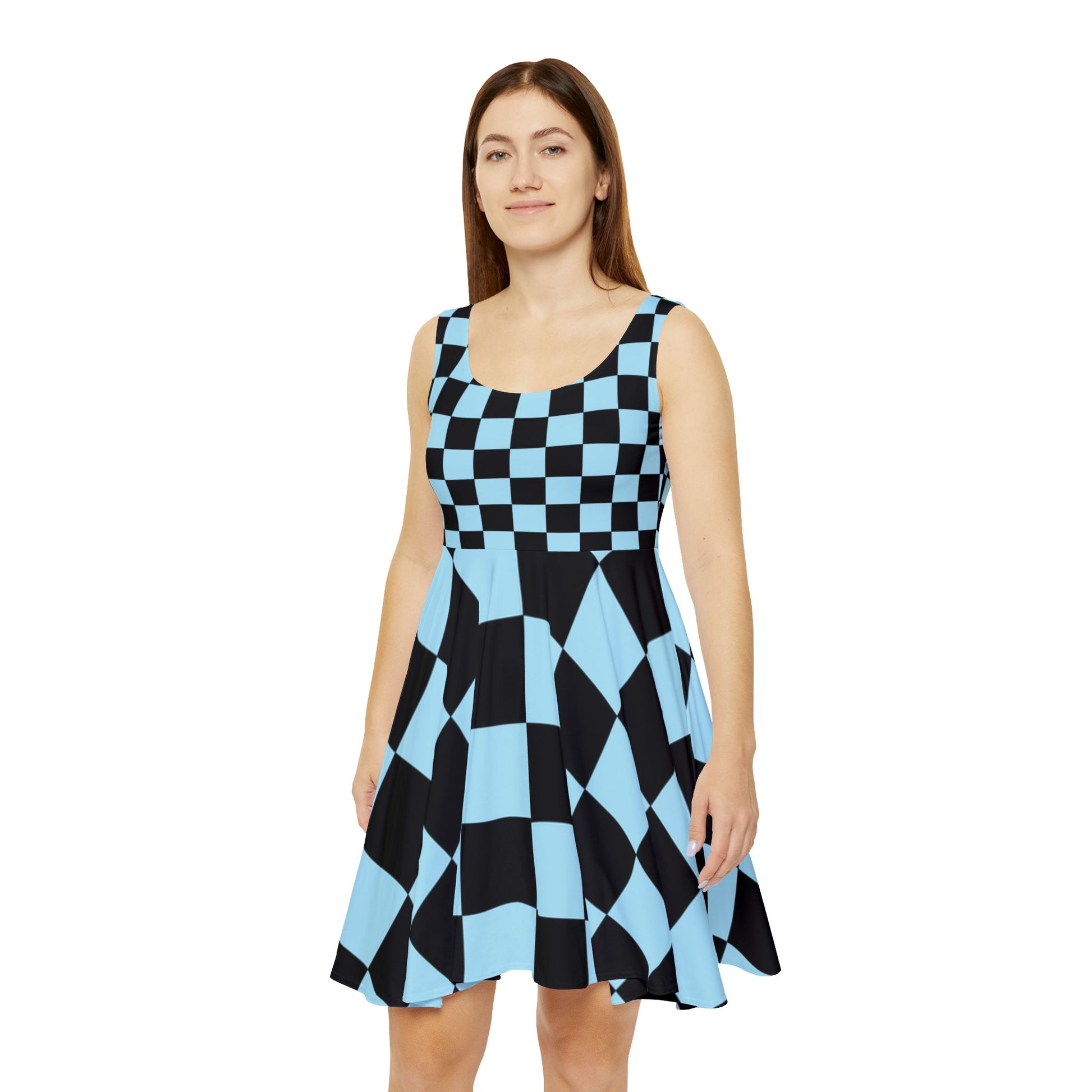 Checkerboard Black and Blue Women's Skater Dress (AOP), Artsulli - Art is Long, Life is Short, All Over Prints, , , , , , , 
