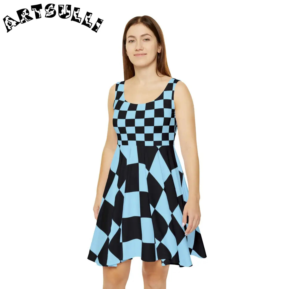 JAKKOUTTHEBXX Checkerboard Black and Blue Women’s Skater Dress (AOP)