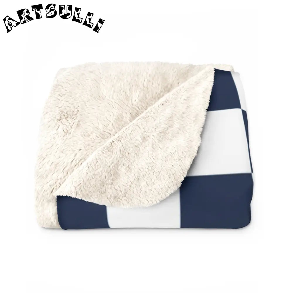 JAKKOUTTHEBXX Checkerboard White and Navy Blue Sherpa Fleece Blanket