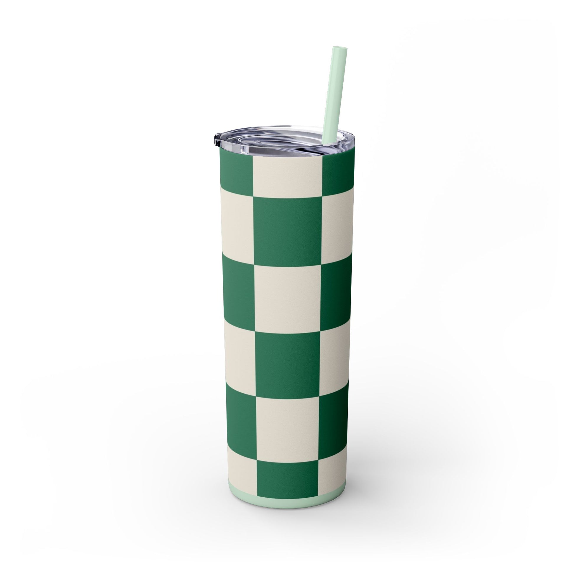 Checkerboard Dark Green Skinny Tumbler with Straw, 20oz, Artsulli - Art is Long, Life is Short, Mug, , , , , , , 