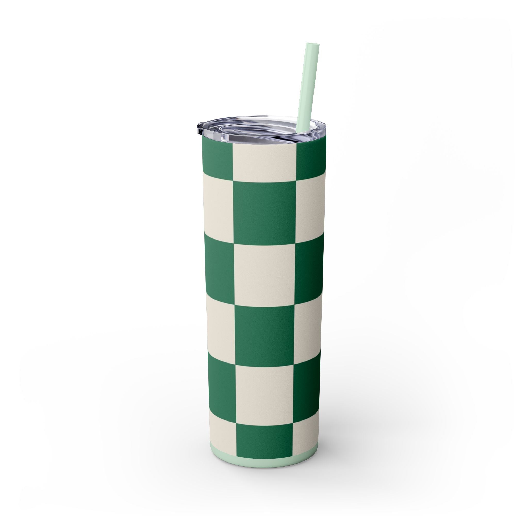 Checkerboard Dark Green Skinny Tumbler with Straw, 20oz, Artsulli - Art is Long, Life is Short, Mug, , , , , , , 