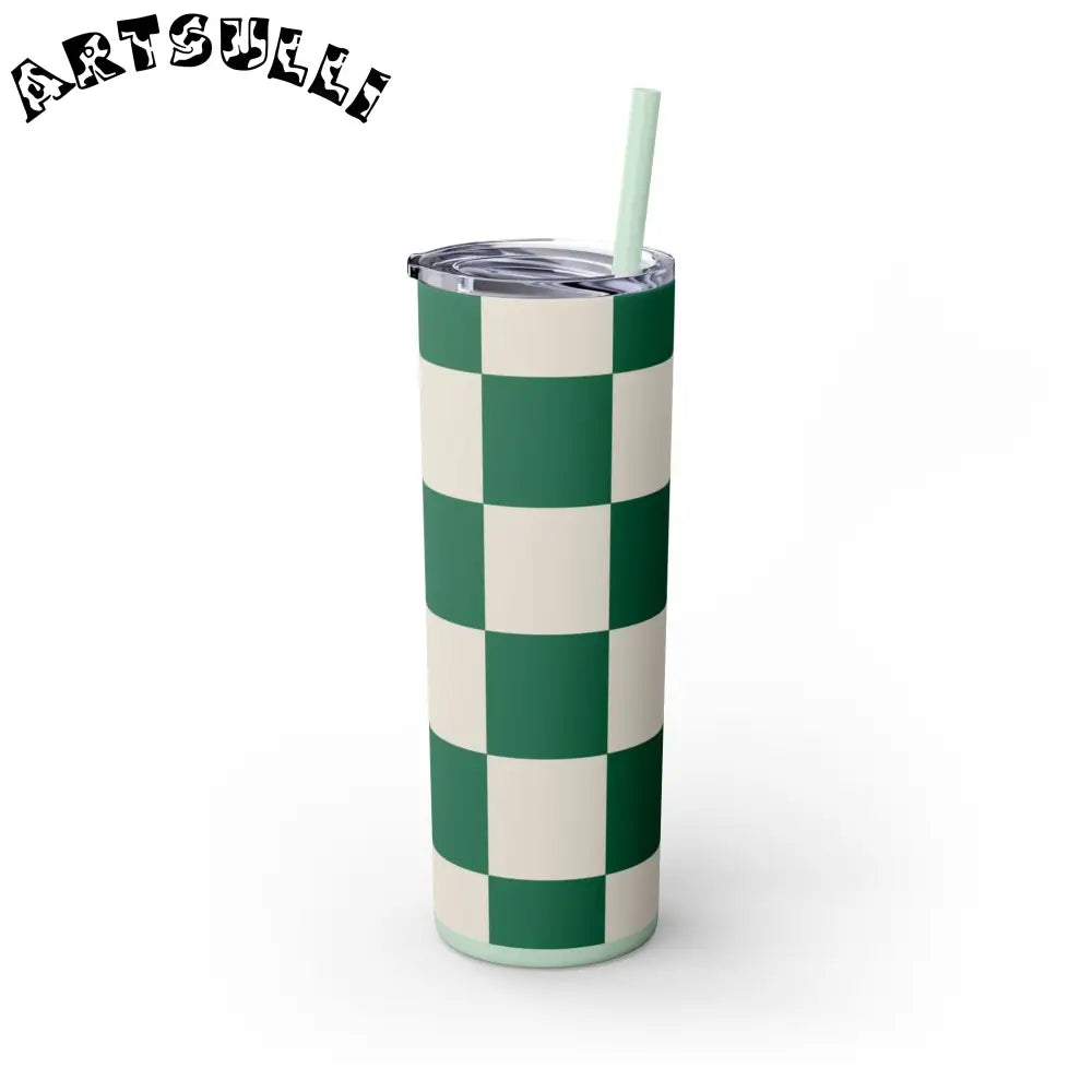JAKKOUTTHEBXX Checkerboard Dark Green Skinny Tumbler with Straw 20oz